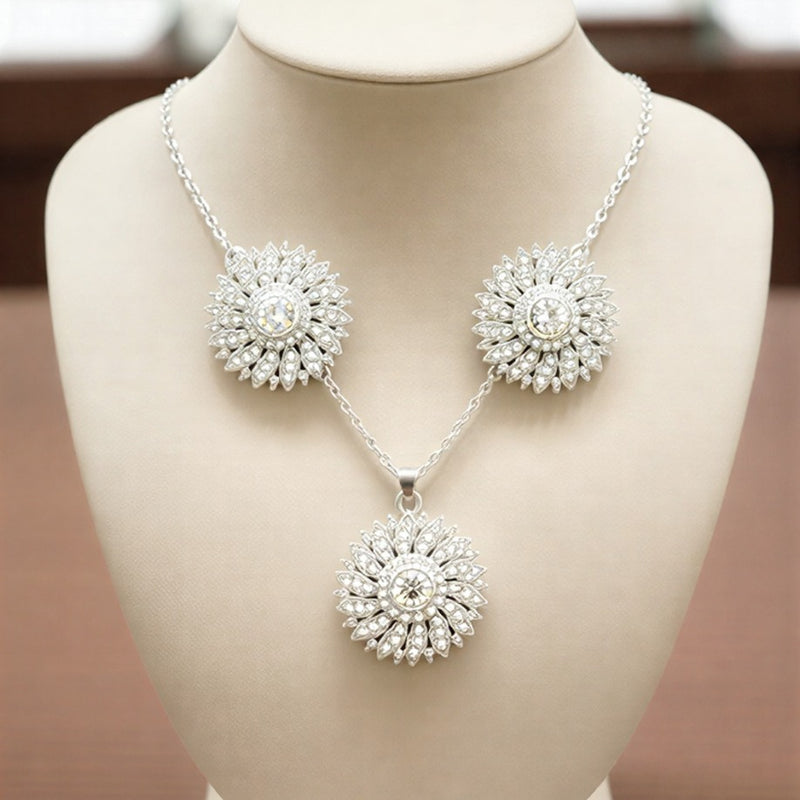 Victorian-Style Sunflower Jewelry Set – Black Onyx-Style Crystal Pendant