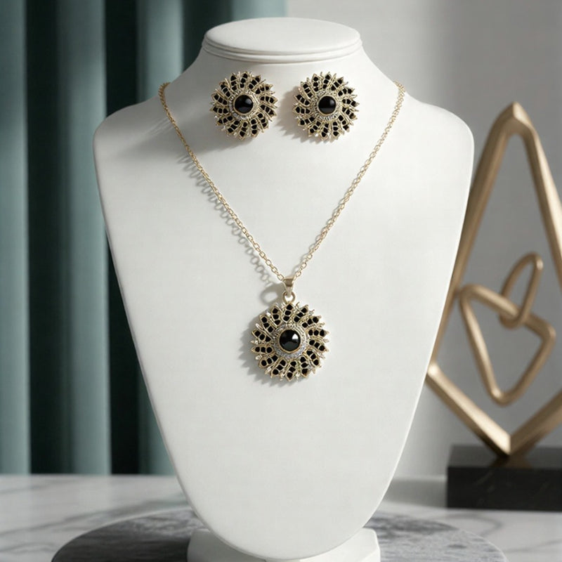 Royal Noir Sunflower Collection – Intricate Pave Necklace & Stud Set