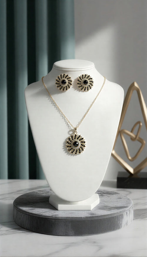 Royal Noir Sunflower Collection – Intricate Pave Necklace & Stud Set