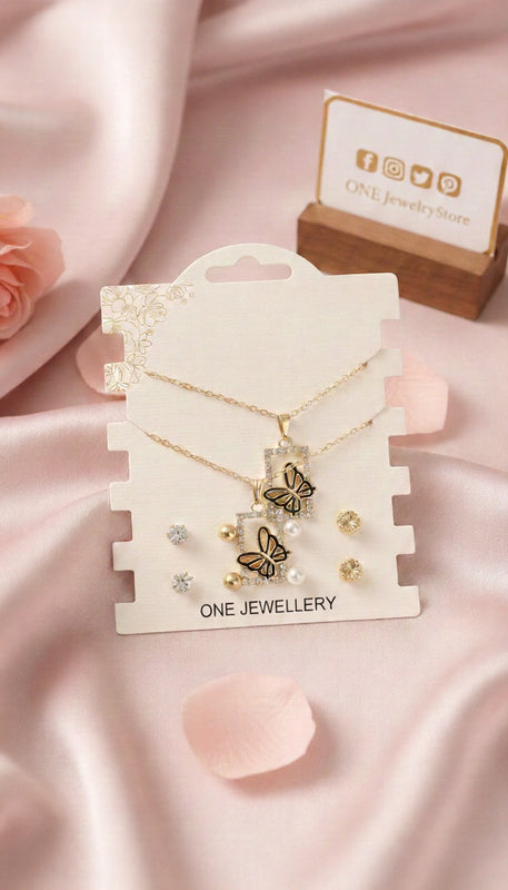 5-Piece Silver Essence Set – Glitter Leaf Necklace with 4 Matching Studs