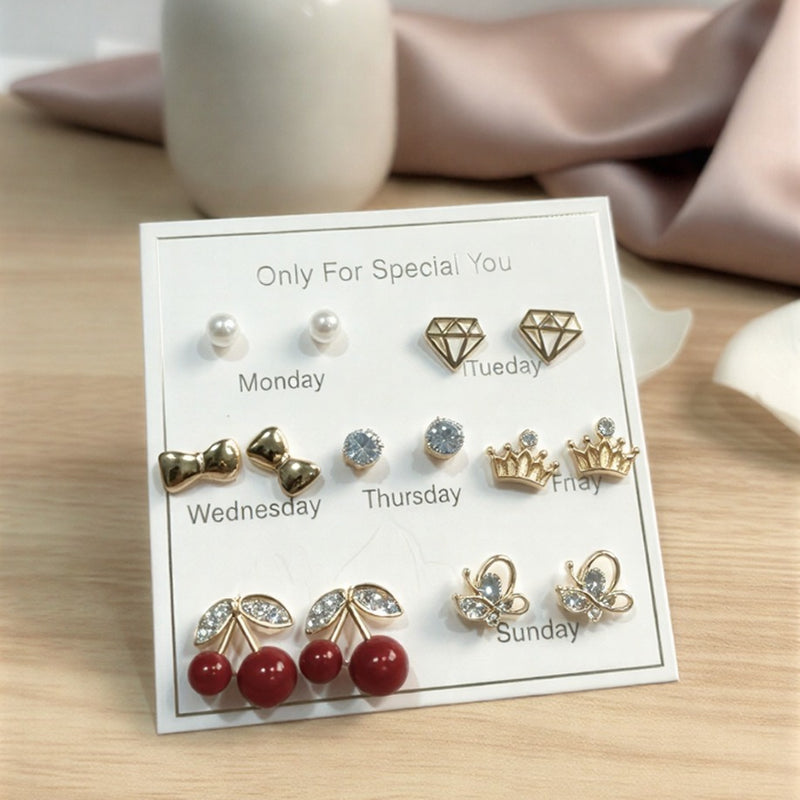 7 Days Fashion Stud Earrings Set – Gold-Plated & Pearl Design