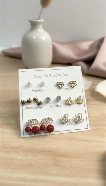 7 Days Fashion Stud Earrings Set – Gold-Plated & Pearl Design