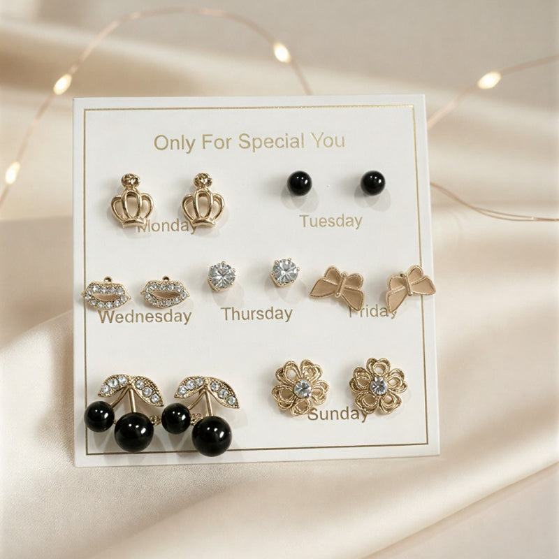 7 Days Fashion Stud Earrings Set – Gold-Plated & Pearl Design..