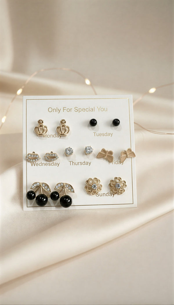 7 Days Fashion Stud Earrings Set – Gold-Plated & Pearl Design..