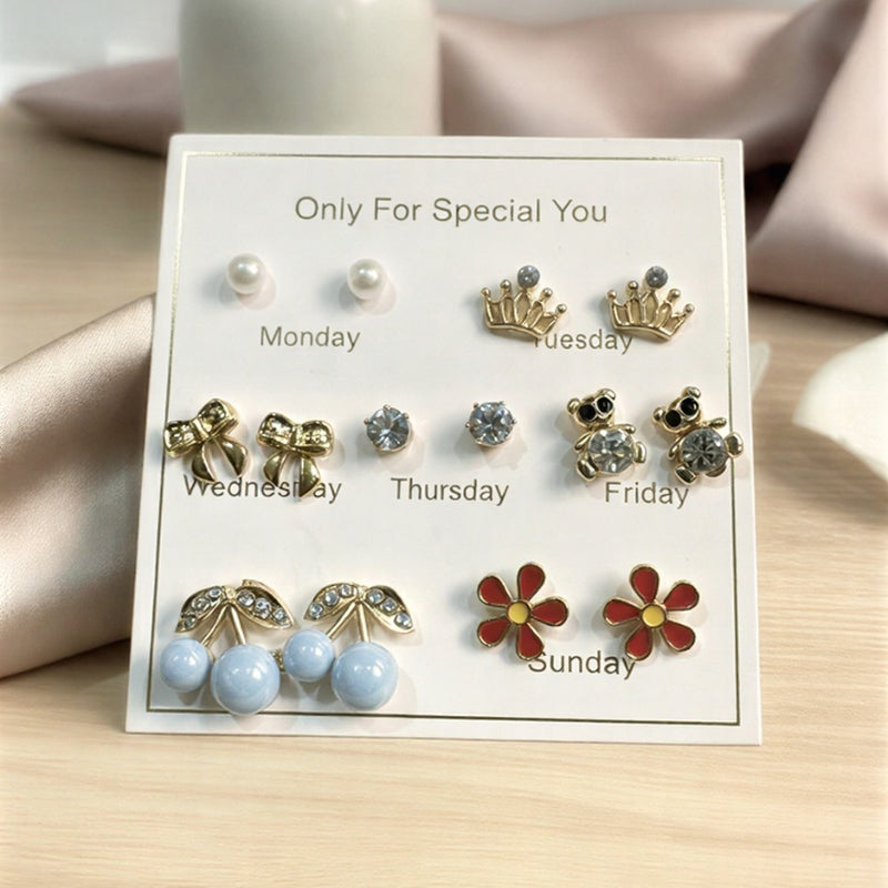 7 Days Fashion Stud Earrings Set – Gold-Plated & Pearl Design.