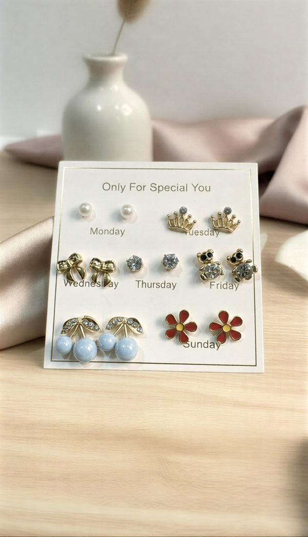 7 Days Fashion Stud Earrings Set – Gold-Plated & Pearl Design.