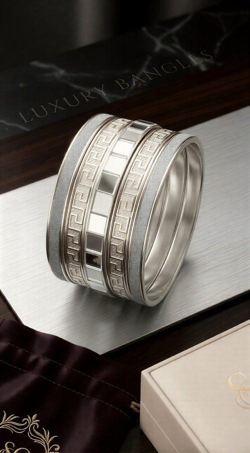 Modern Silver Stackable Bangle Collection – 8-Piece Filigree & Sleek Mix