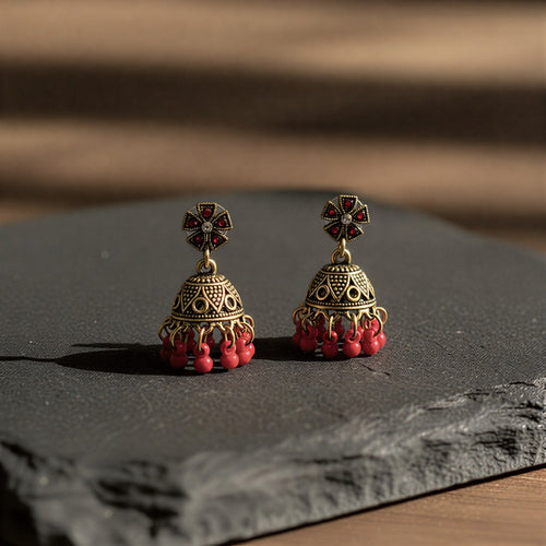 Antique Gold-Toned Ruby Red Beaded Jhumkas