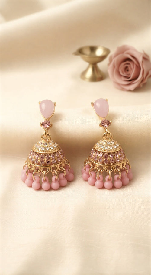 Elegant Pastel Pink Jhumka Earrings – Traditional Crystal Studded Drops