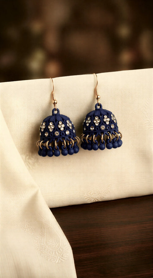 Midnight Navy Matte Jhumka Earrings – Crystal Studded Traditional Drops