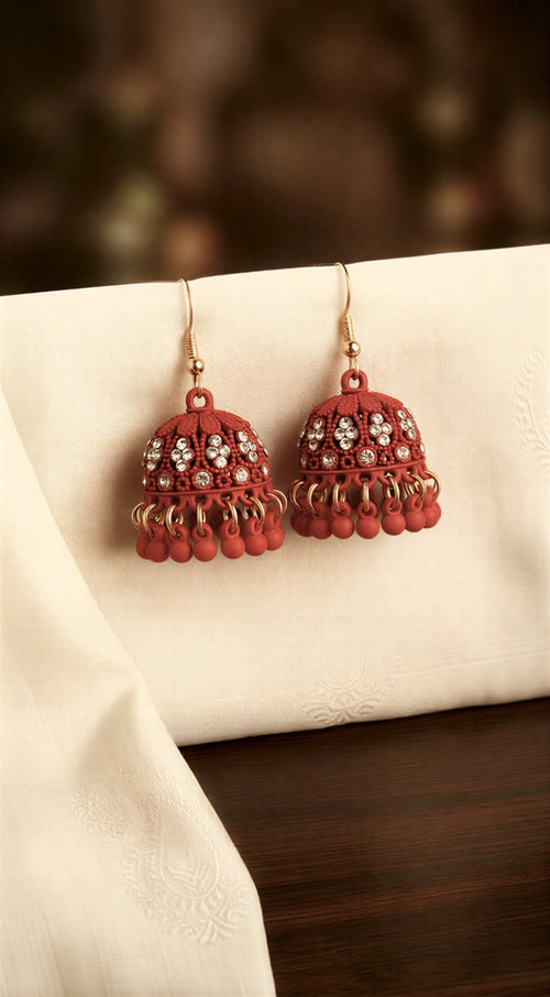 Traditional Orange Matte Jhumka Earrings with White Crystals