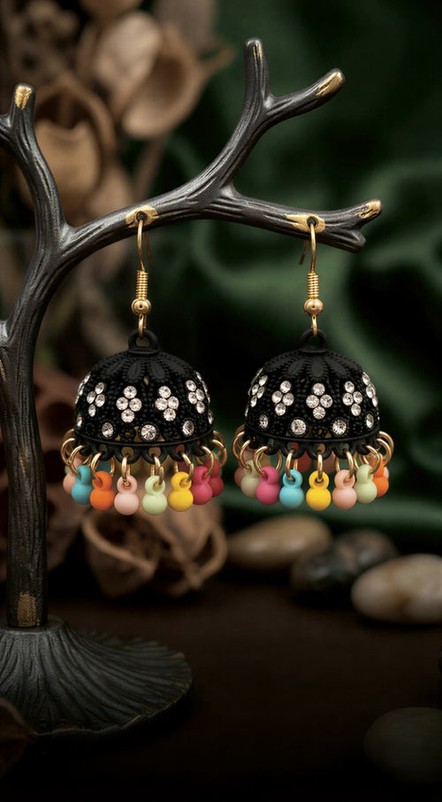 Luxe Black Matte Jhumkas with Rainbow Beads – Ideal Wedding & Eid Gifts
