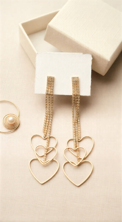 Dainty Rhinestone Heart Tassel Earrings – Triple Tiered Romantic Dangles