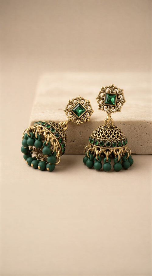 Handcrafted Deep Green Jhumka Pair – Choice of Antique Gold or Silver – Traditional Wedding Essential