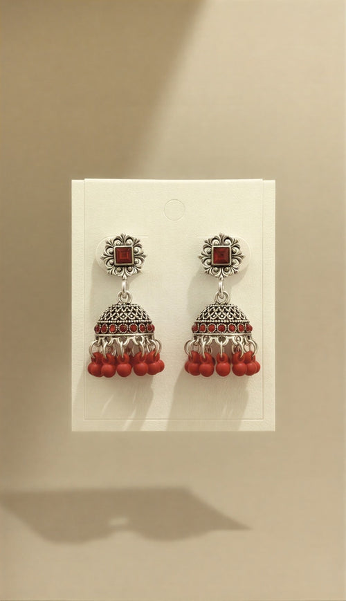 Signature Deep Red Matte Jhumki Duo – Dual Tone (Gold & Silver) – Premium Eid & Wedding Gift