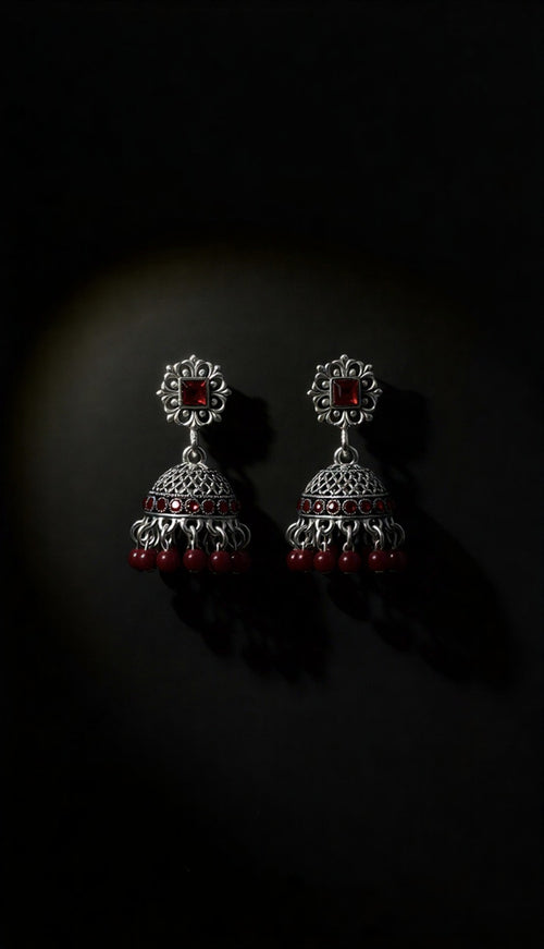Elite Red Crystal Studded Jhumkas – Stunning Gold & Silver Variants – Perfect Wedding Gift for Her