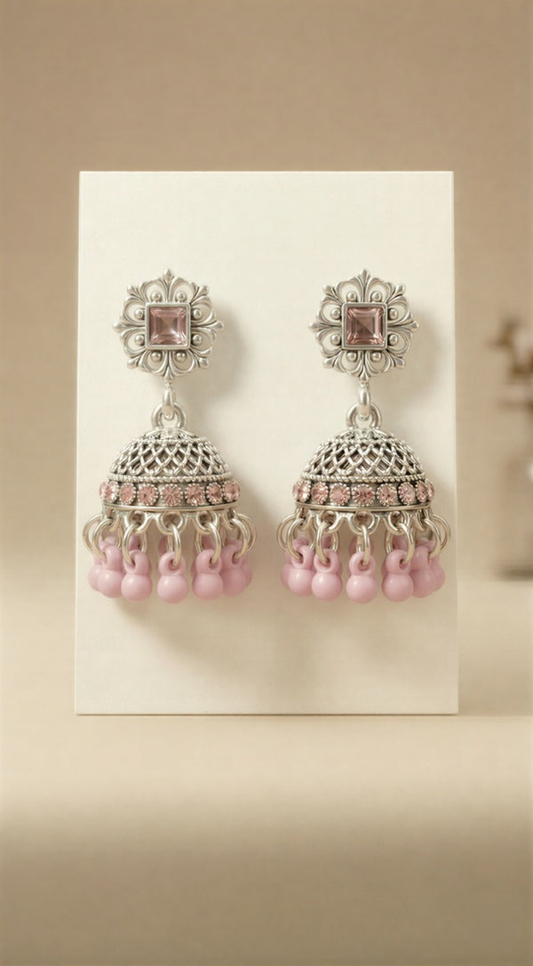 "Majestic Pink Jhumkas: Antique Gold & Silver Matte Collection – The Ultimate Wedding Gift"