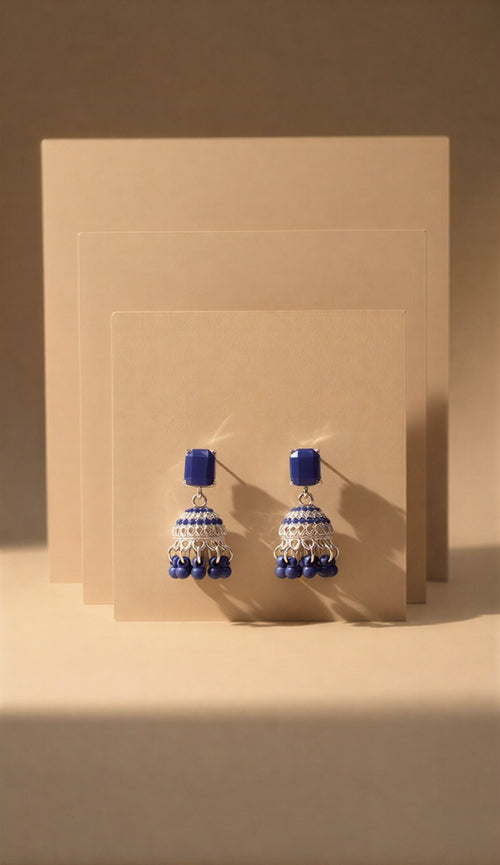 Vibrant Matte Jhumka Duo – Elegant Ruby Red, Mustard Yellow & Royal Blue – Intricate Antique Gold & Silver Filigree