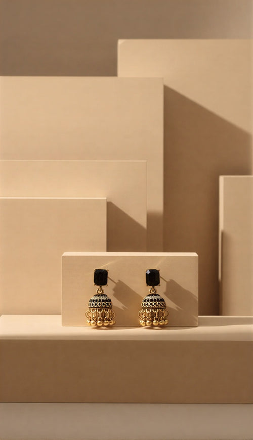 Royal Stone-Studded Jhumka Duo – Sparkling Gold & Antique Silver Finishes – Elegant Wedding & Formal Party Wear