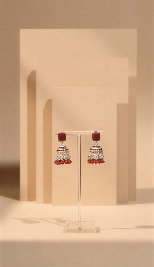 Traditional Eid Joy: Handcrafted Red & Mustard Jhumka Pair – Antique Gold & Silver Edition – Perfect Gifting Choice