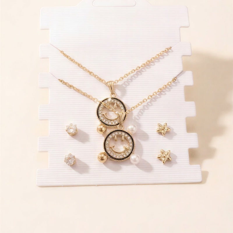 Midnight Bloom Luxury Jewelry Set – Black Floral Pendant Necklace with Matching Stud Earrings & Pearl Accents