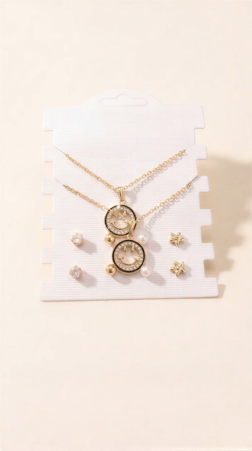 Midnight Bloom Luxury Jewelry Set – Black Floral Pendant Necklace with Matching Stud Earrings & Pearl Accents