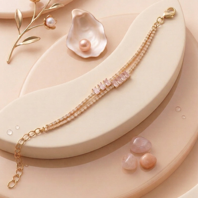 Signature Baguette Crystal Tennis Bracelet – Premium Double-Layer Gold Finish with Adjustable Clasp