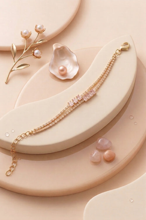Signature Baguette Crystal Tennis Bracelet – Premium Double-Layer Gold Finish with Adjustable Clasp