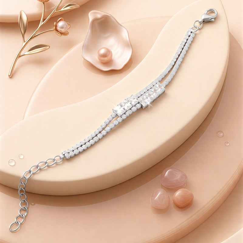 Signature Baguette Crystal Tennis Bracelet – Double-Layer Gold Finish with Adjustable Clasp