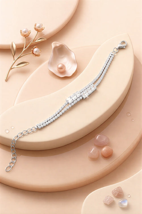 Signature Baguette Crystal Tennis Bracelet – Double-Layer Gold Finish with Adjustable Clasp