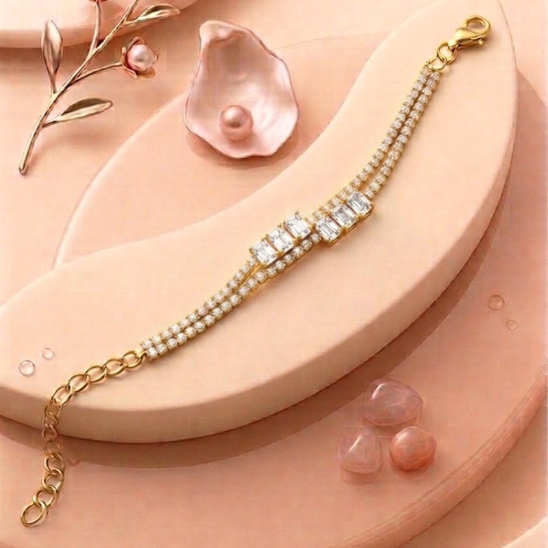 Premium Baguette Crystal Tennis Bracelet – Double-Layer silver Plated Design with High-Definition Stone Setting & Adjustable Clasp