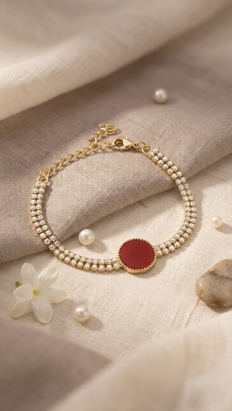 Bold Red Onyx Circular Bracelet – Luxury Dual-Strand Gold Wristwear with Adjustable Secure Clasp