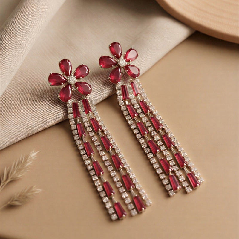 Radiant Blush Red Floral Tassel Earrings – Elegant Rose-Tone Crystals with Cascading Shimmer and Secure Post Back