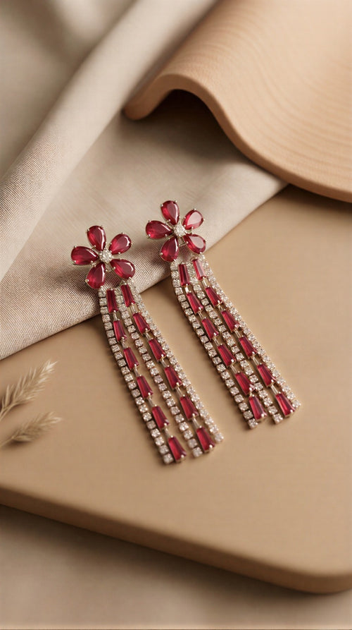 Radiant Blush Red Floral Tassel Earrings – Elegant Rose-Tone Crystals with Cascading Shimmer and Secure Post Back