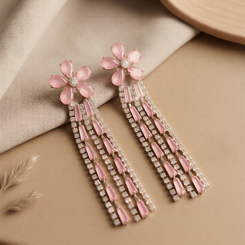 Radiant Blush Pink Floral Tassel Earrings – Elegant Rose-Tone Crystals with Cascading Shimmer and Secure Post Back