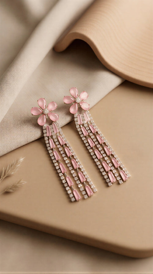 Radiant Blush Pink Floral Tassel Earrings – Elegant Rose-Tone Crystals with Cascading Shimmer and Secure Post Back