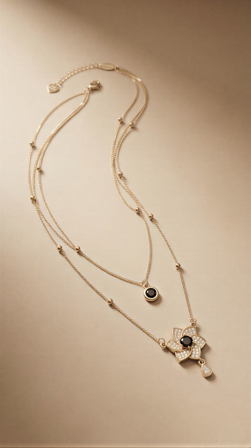 Midnight Onyx Layered Floral Necklace – Dual-Chain Gold Finish with Crystal-Encrusted Petals & Teardrop Drop
