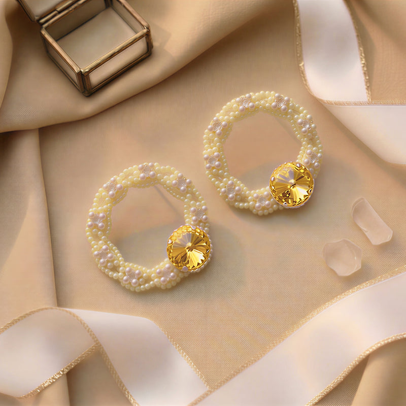 Artisan Hand-Beaded Hoop Earrings – Intricate Pearl & Crystal Floral Design with Radiant Center Stone