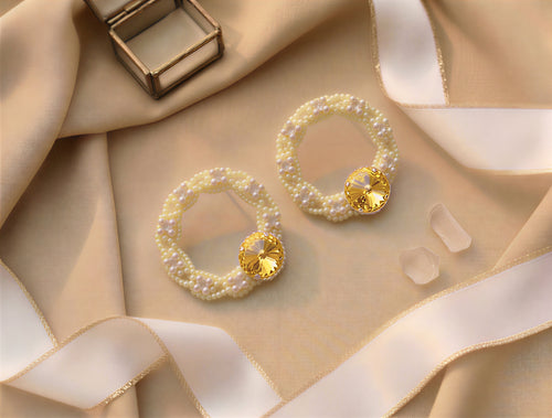 Artisan Hand-Beaded Hoop Earrings – Intricate Pearl & Crystal Floral Design with Radiant Center Stone