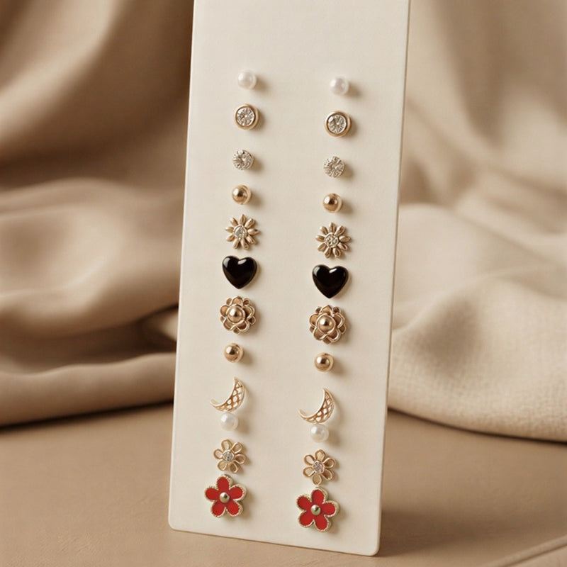 Luxury Stud & Drop Earring Bundle with Shimmering Crystals, Golden Roses, and Enameled Heart Motifs