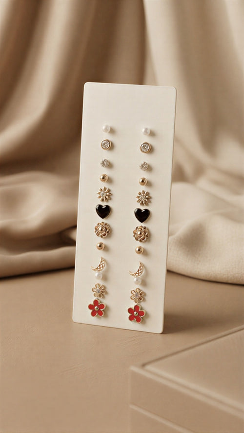 Luxury Stud & Drop Earring Bundle with Shimmering Crystals, Golden Roses, and Enameled Heart Motifs