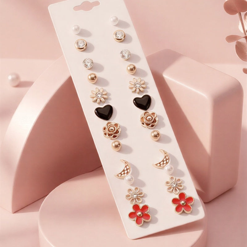 : Deluxe 10-Pair Multi-Motif Earring Set Featuring Black Hearts, Crescent Moons, and Radiant Red Floral Drops