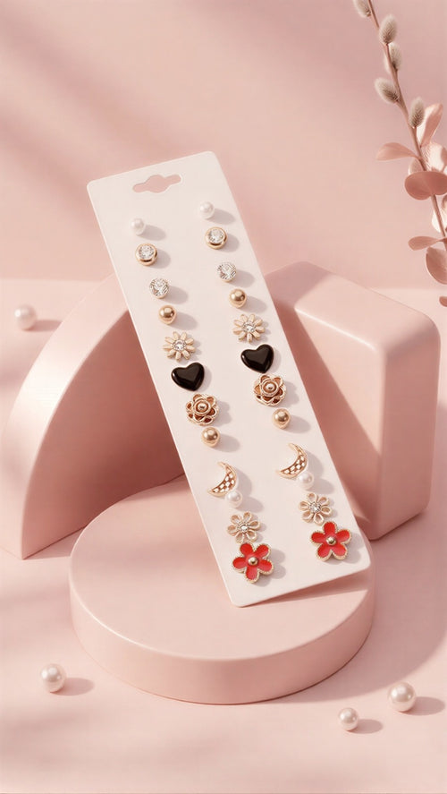 : Deluxe 10-Pair Multi-Motif Earring Set Featuring Black Hearts, Crescent Moons, and Radiant Red Floral Drops