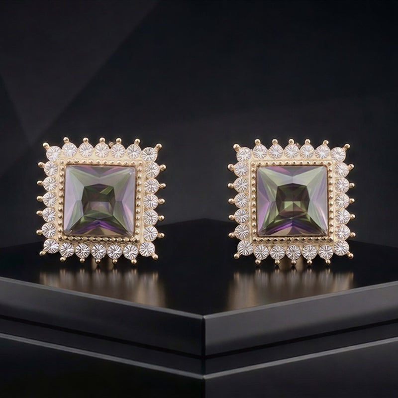 Elite Square-Cut Mystic Amethyst Earrings Featuring a Halo of Brilliant-Cut Crystals in a Polished Gold-Tone Frame