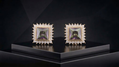 Elite Square-Cut Mystic Amethyst Earrings Featuring a Halo of Brilliant-Cut Crystals in a Polished Gold-Tone Frame