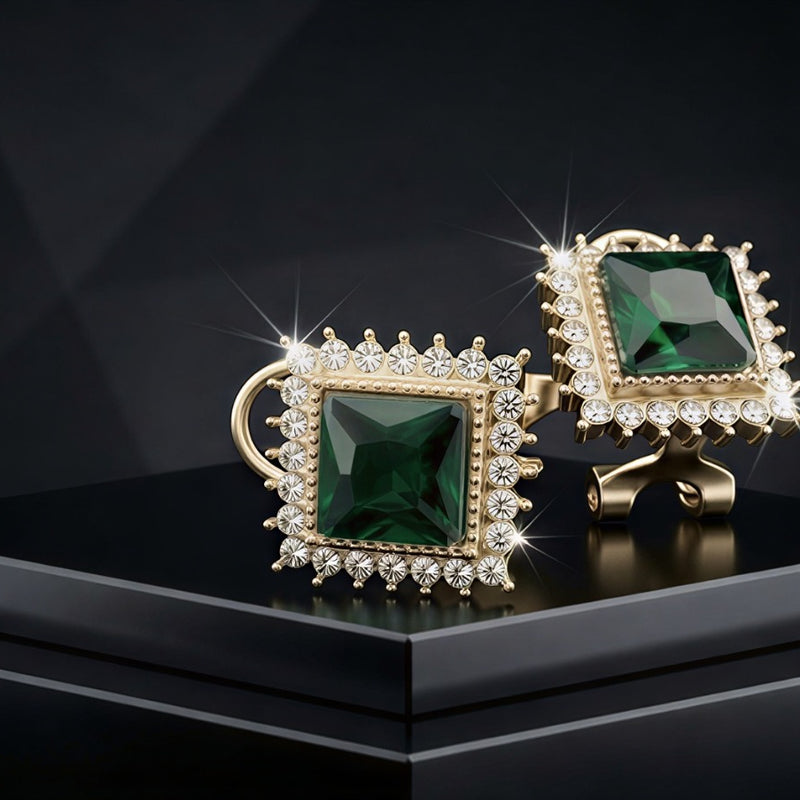 A Sophisticated Green Jewel Earring Set with a High-Definition Halo of Glimmering Micro-Crystals