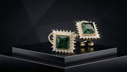 A Sophisticated Green Jewel Earring Set with a High-Definition Halo of Glimmering Micro-Crystals