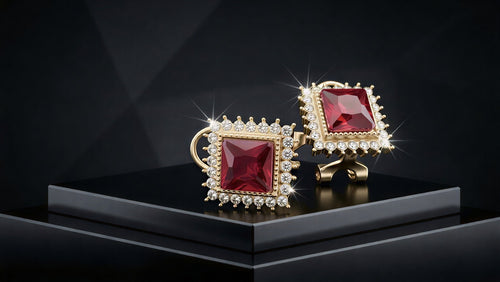 Precision-Cut Vibrant Red Earrings with Radiant Gold-Plated Detailing and a Luxury Finish