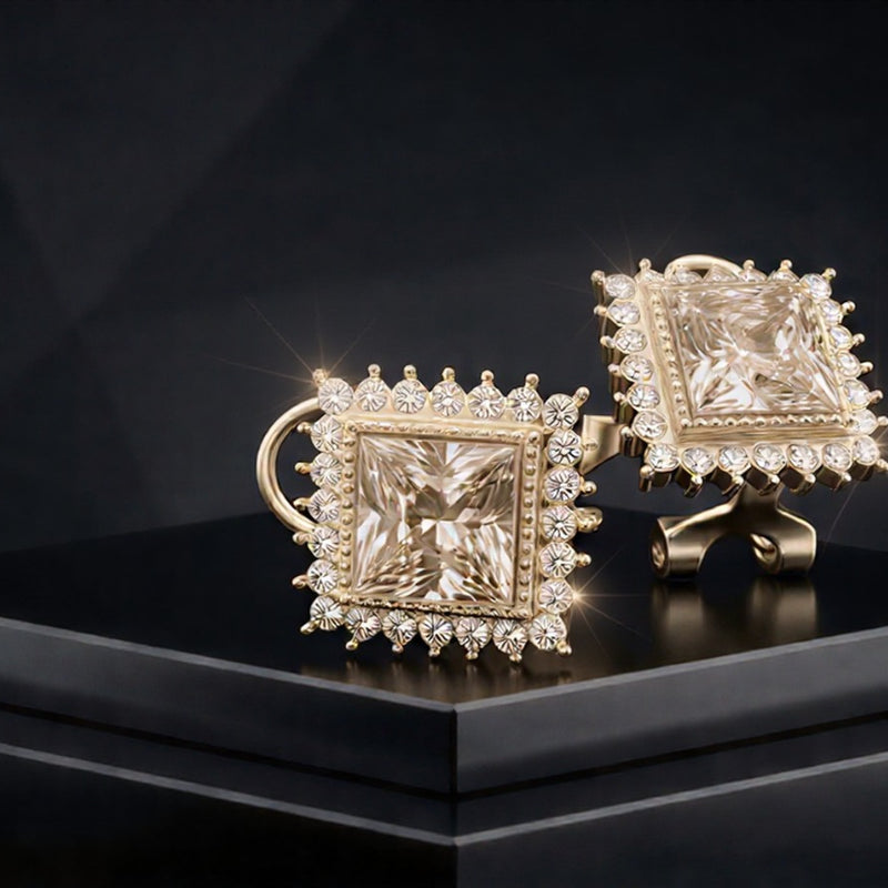 A Sophisticated Square Halo Earring Set with High-Definition Clear Crystals and Polished Gold-Plated Detailing