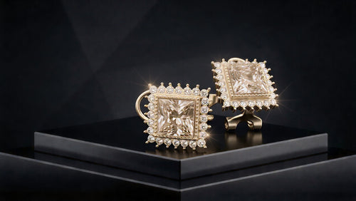 A Sophisticated Square Halo Earring Set with High-Definition Clear Crystals and Polished Gold-Plated Detailing